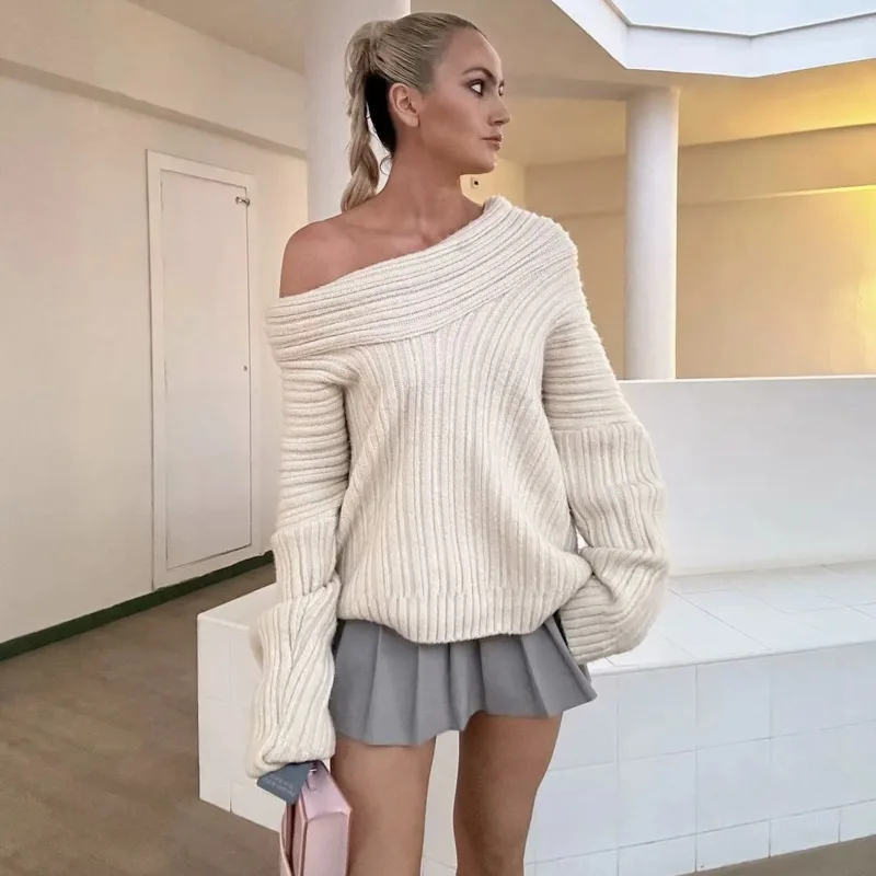 

Свитер на одно плечо, женский темперамент, осень-зима, ленивый стиль, простой однотонный вязаный топ с воротником с одним персонажем и длинными рукавами