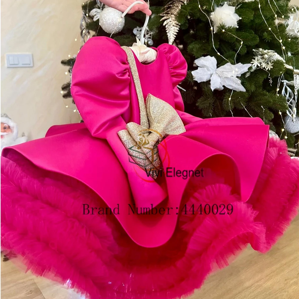 Exquisite Scoop Full Sleeve Flower Girls abiti per bambini 2024 New Summer Tiered Champagne Bow Christmas Gowns pzee uncamente pizzica