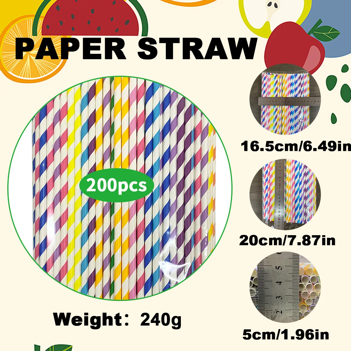 6*197MM Mixed Color Striped Blowholes Cocktail Size Eco-Friendly, Compostable, Long-Lasting Paper Straws--200 Pcs *3 Packs