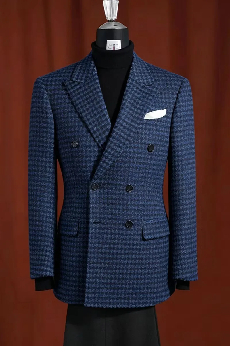 Retro Men Casual Jacket Houndstooth Checked Double Breasted Peak Lapel Slim Fit Party Coat Customized Office Formal Blazer