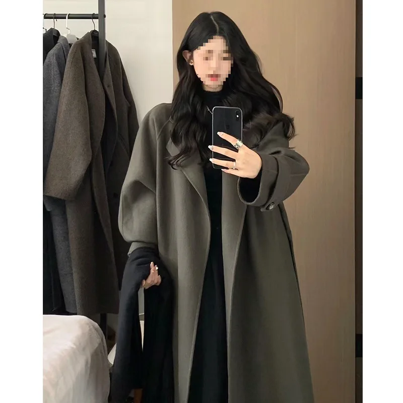 Oversized Korea Elegant Woolen Windbreaker Coat Women's Autumn Winter New High-end Outwear Mid-length Top Loose Wool Jacket Lady