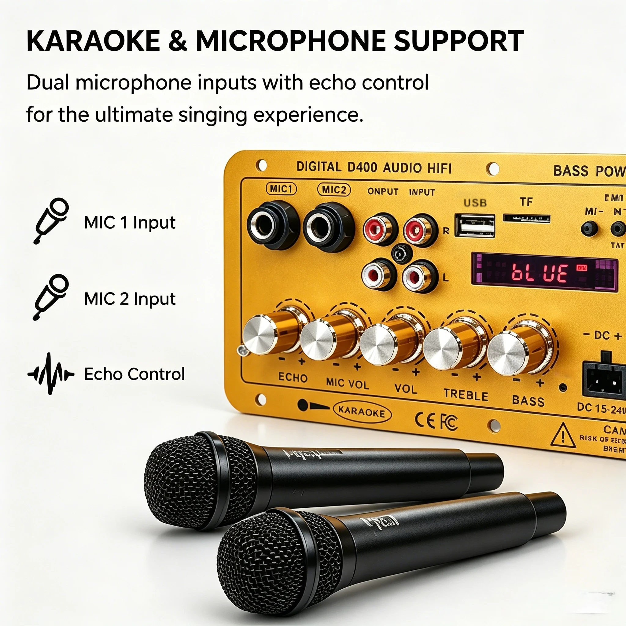 Woopker D400 Mono Bluetooth Amplifier Board 100W Power Home Amplification Dual Mic Battery Rechargeable Digital Amplifier Board view 2