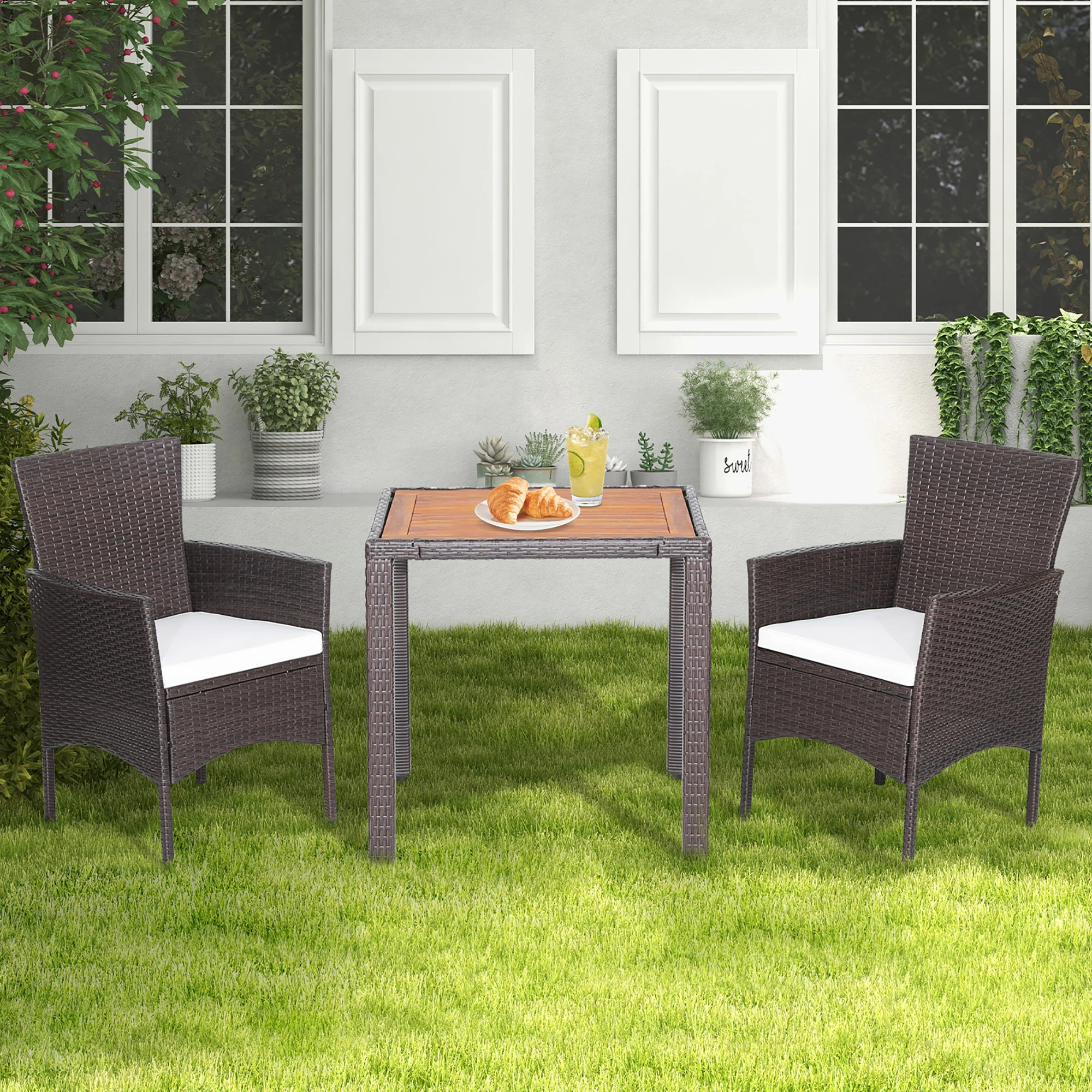 

3PCS Patio Wicker Dining Set Acacia Wood Table Top with Cushioned Chairs Garden