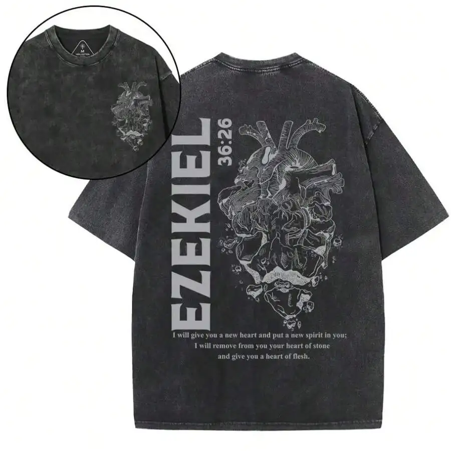 

230g Double-Sided Washed Cotton Tee With Heart Print, Vintage Casual Round Neck T-Shirt For Men