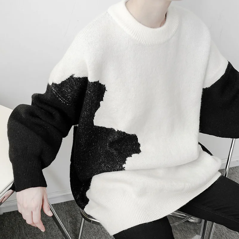 Korean Men's Trend Color Block Deconstruction Asymmetric Pullover Round Neck Loose Sweater Oversized Kinttwear Tops