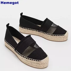 Thick Sole Round Toe Hemp Pumps 2024 Summer New Outdoor Casual Street Style Slip On Pumps Black/beige Fashion Women Roman Shoes