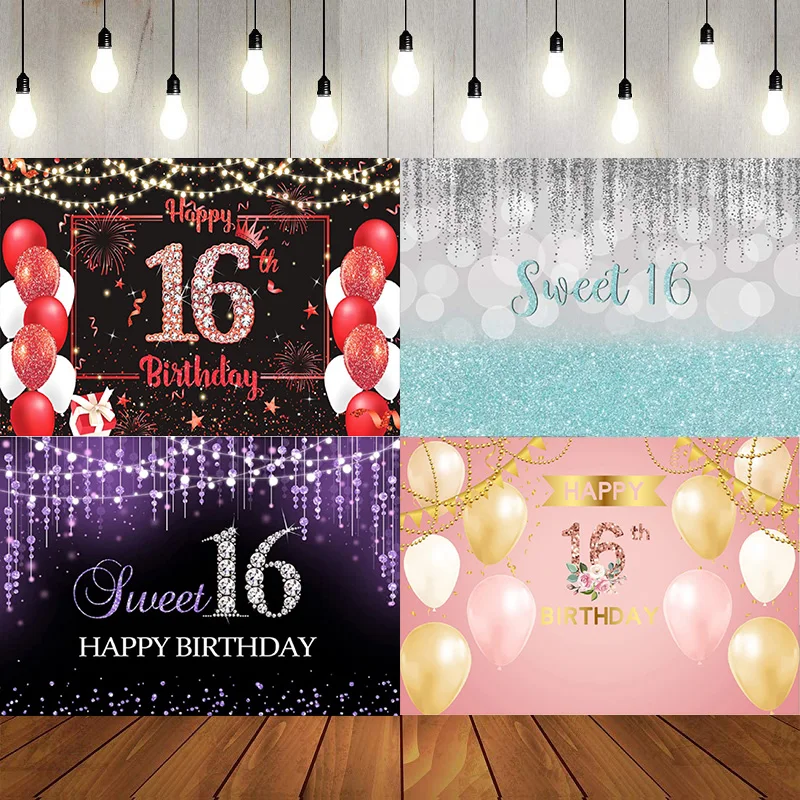 Dulce feliz 16 cumpleaños fiesta fotografía telón de fondo decoraciones niñas verde azulado plata Banner fondo cartel decoración princesa