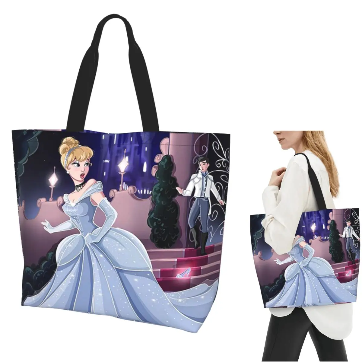

Cinderella Cartoon Shopping Tote Bag Canvas Large Capacity Shoulder Bags Shopper Grocery Handbag for Women