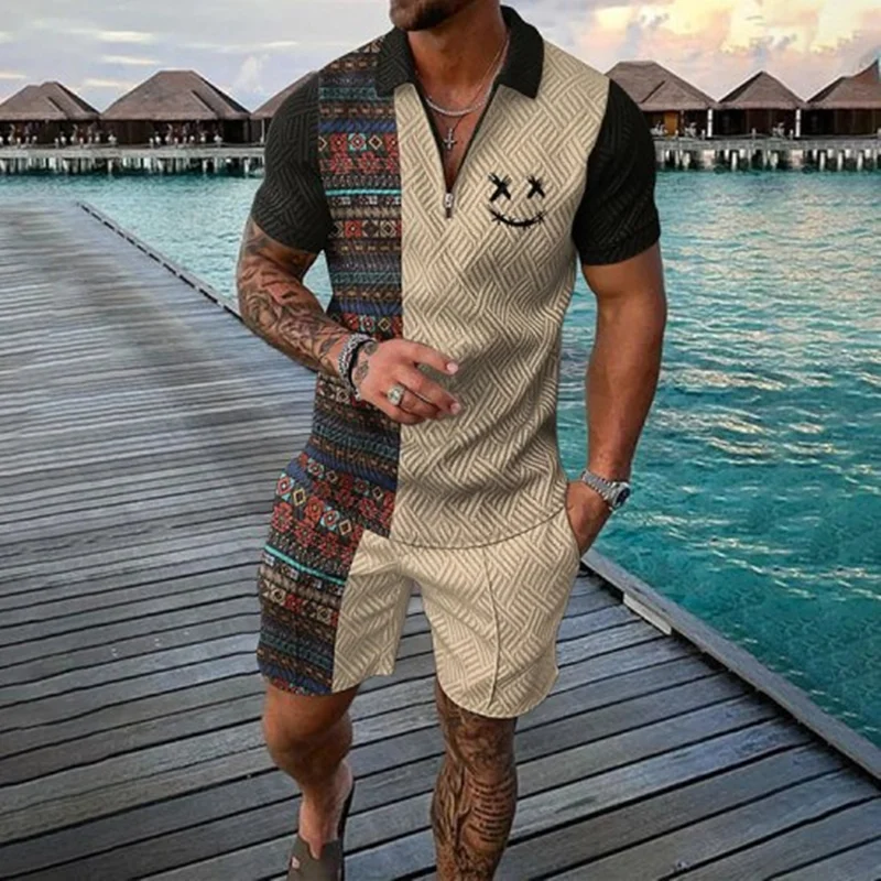 Fashion Summer Men\'s Tracksuit Short Sleeve Polo Shirt Set Coconut Tree 3D Print Clothing 2 Pieces Casual Suit Streetwear Outfit