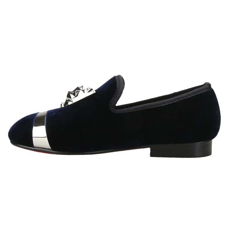 Piergitar Handmade Navy Velvet Children Flat Shoes Parent Child Shoe Sliver Strap Buckle Kid Loafers For Birthday Multiple Sizes
