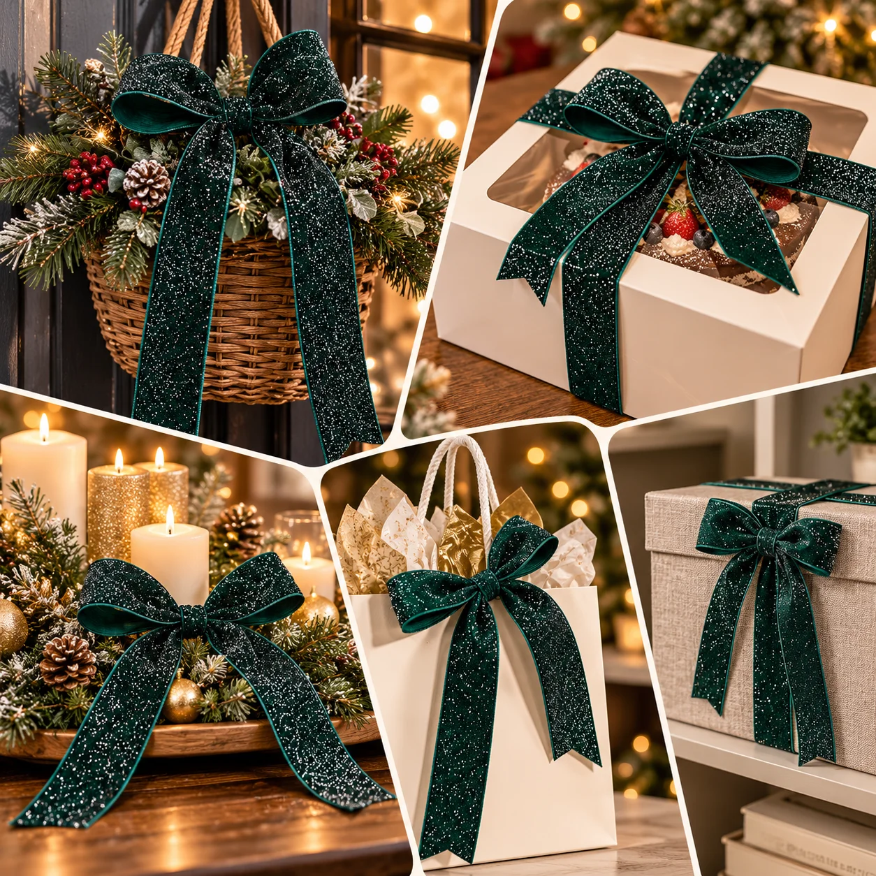 Dark Green Glitter Velvet Ribbon, Sparkly Fabric Ribbon for Gift Wrapping Hair Bow Wedding Christmas Party DIY Craft Decoration