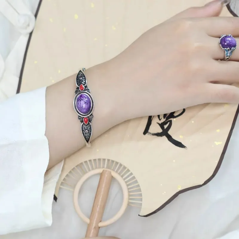 Women New Chinese Style Purple Geometric Bangle, Retro Ethnic National Trend Bracelet, Elegant Bold Statement Fashion Jewelry