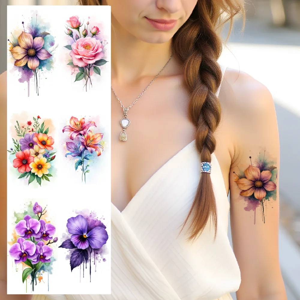 

9pcs Temporary Tattoo Lily Watercolor Water Lily Orchid Waterproof Long-lasting Body Stickers Hibiscus For Girls Children