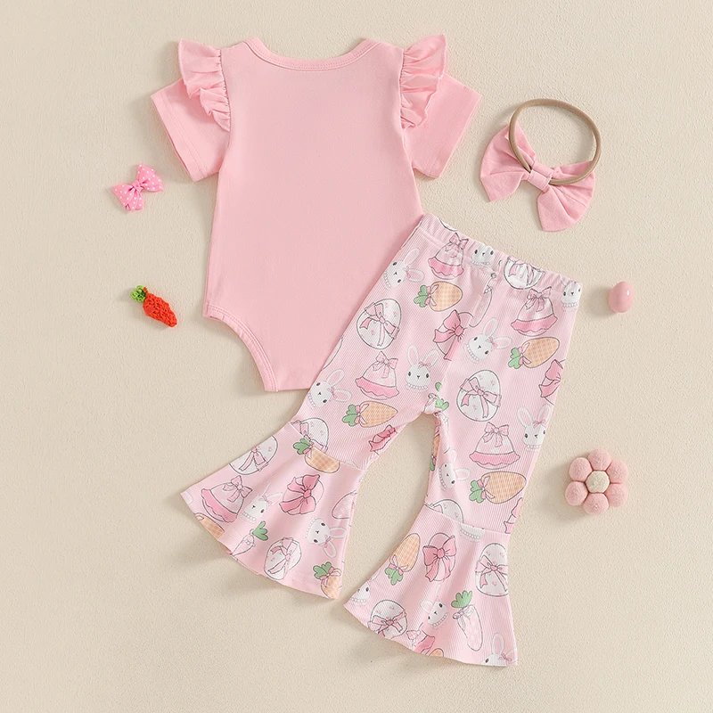 小さな女の子のためのイースター衣装,半袖ロンパース,フレアパンツ,ヘッドバンド,衣類セット,3個,24,11,20