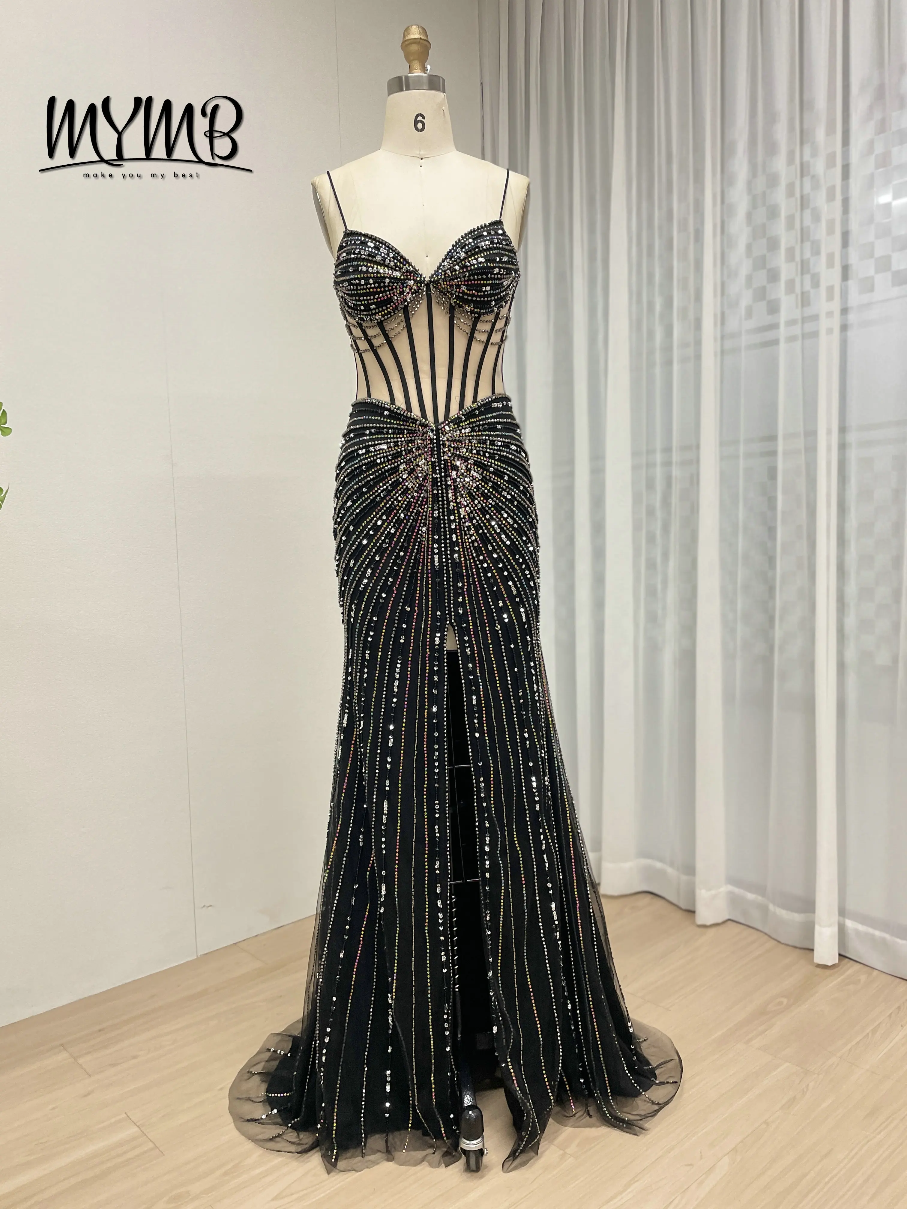 

MYMB Luxury Elegant Black Mermaid Floor Length Formal Beading Evening Spaghetti Straps Women Wedding Party Sweep Train MC20114