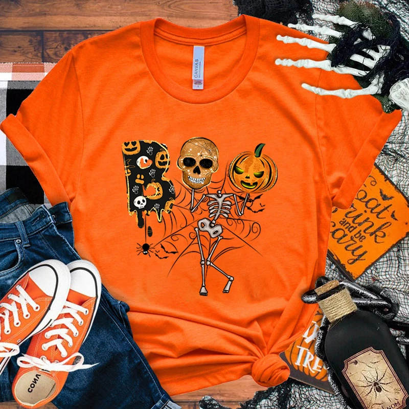 

Unisex Short Sleeve Halloween Boo Skull Pumpkin Print T Shirts Women Causal Harajuku Tops Funny T Shirt