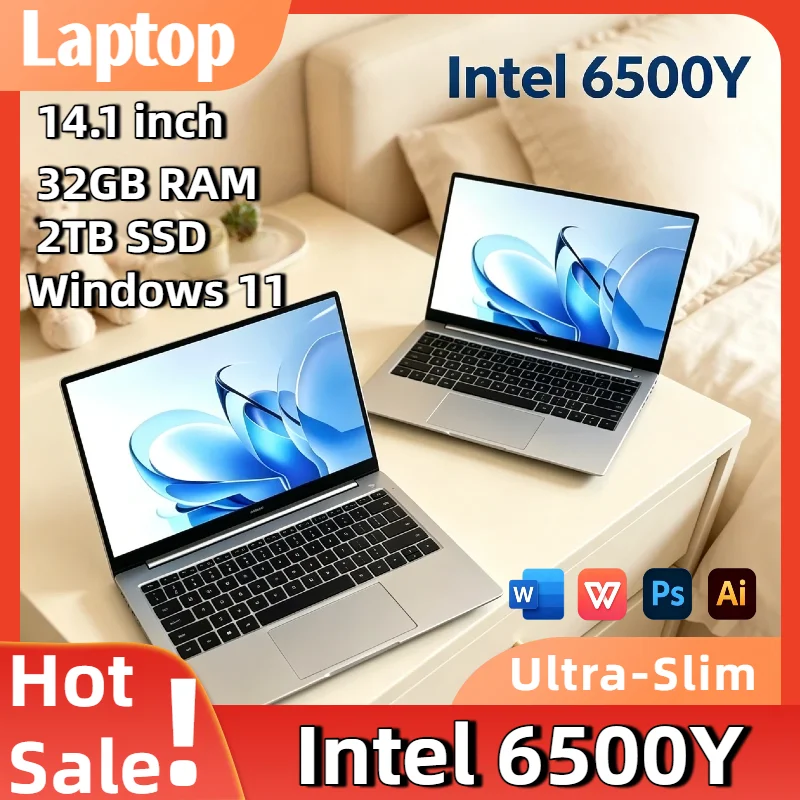 Portátil Intel Pentium Gold 6500Y de 14.1 Pulgadas, 1.1-3.4GHz, 32GB RAM, 2TB NVMe SSD, 5000mAh, Windows 11, Teclado Retroiluminado, Lector de Huellas Dactilares, para Gamers