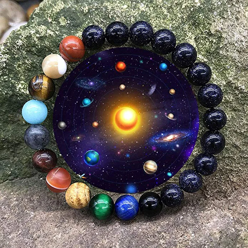 Obsidian Bead Bangles Cosmic Galaxy Solar System Eight Major Planets Bracelet Fashion Jewelry For Father's Day Gifts Accessories