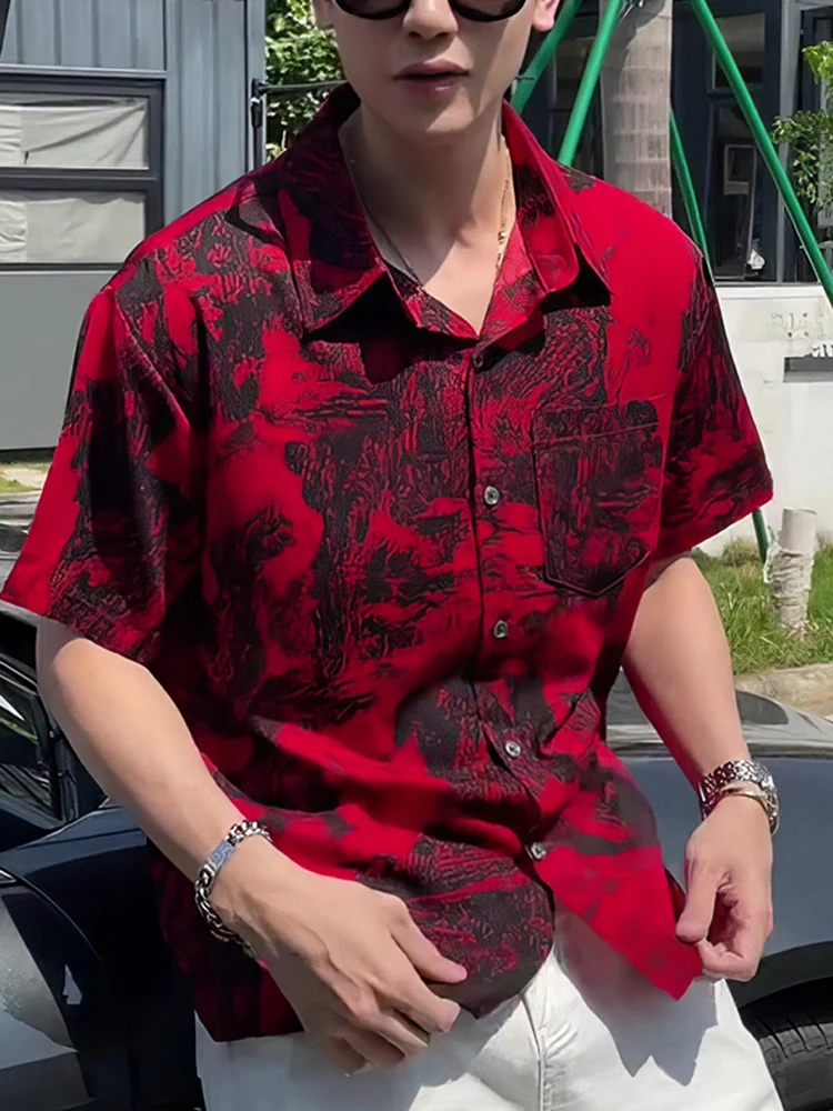 

Summer Thin Original Personali Asymmetrical Print Loose No Ironing Haome irt Men's Red White Hanging Sense irt