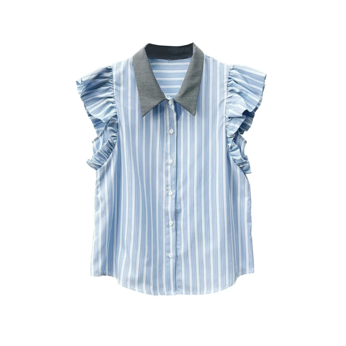 Summer New Refreshing Patchwork Turn-down Collar Blouse Women Clothing Lively Cute Buttons Striped Shirts Femme Fashion Top Tee