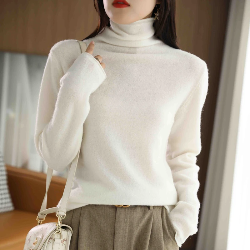 

2025 Classic Rolled edge style Pullover Women Knitting Australian Wool Sweater Turtleneck Long Sleeves High quality Warm Tops
