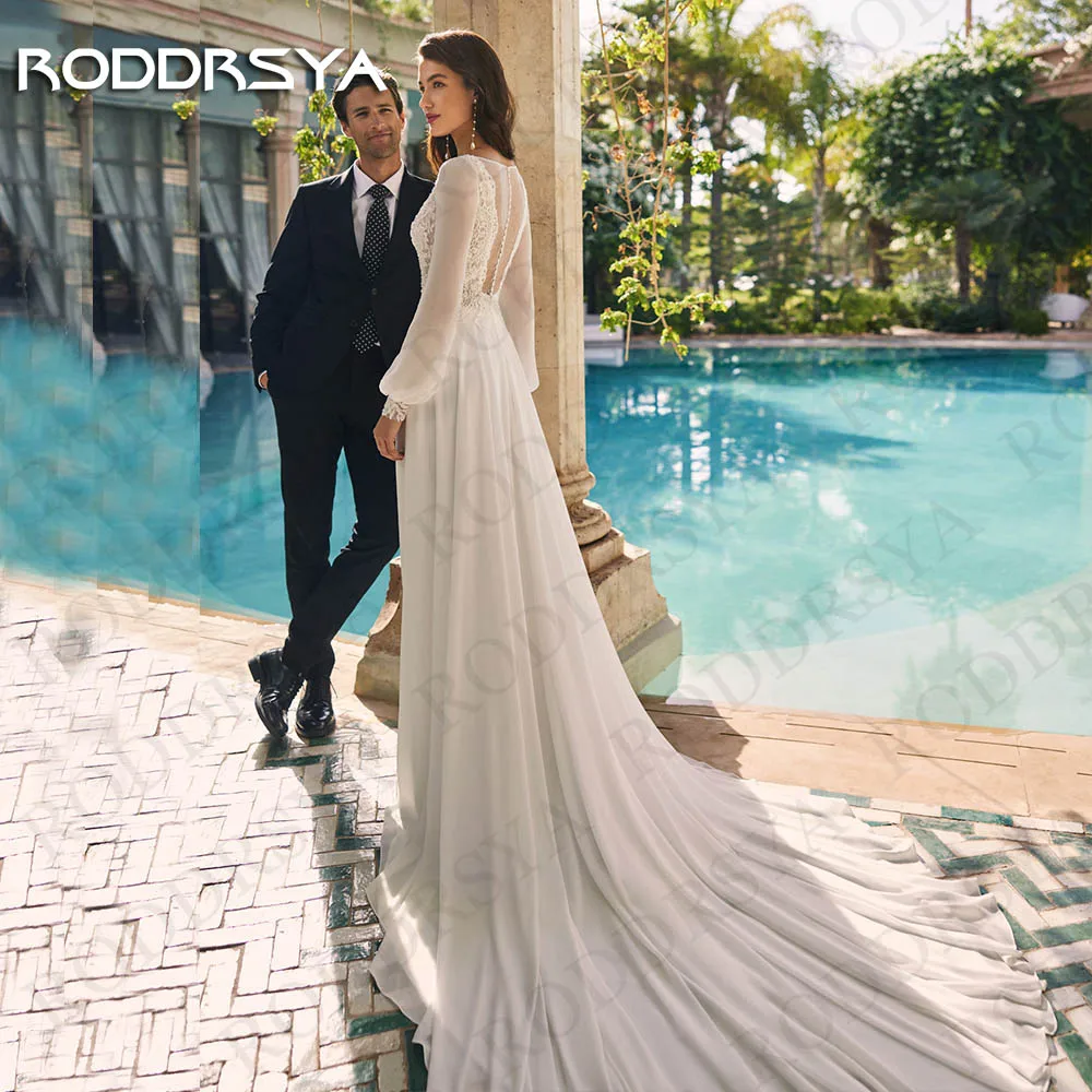 RODDRSYA Boho Wedding Dress Lace Long Sleeves V Neck Beach Chiffon Illusion Back A Line Bridal Gown Customized vestidos de noiva