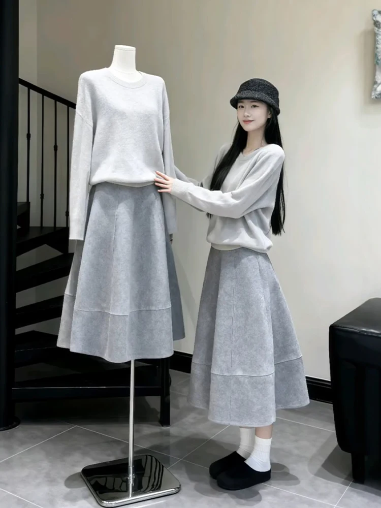 

Комплект для женщин: теплый и уютный вязаный топ в корейском стиле и пышная юбка больших размеров для зимы, с круглым вырезом, короткий рукав