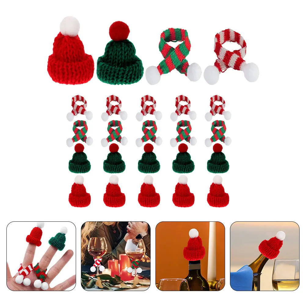 

24pcs Mini Beanie Hats Knit Scarves Christmas Decor Red Green Thumb Hat Bottle Covers DIY Supplies Lightweight Durable Festive