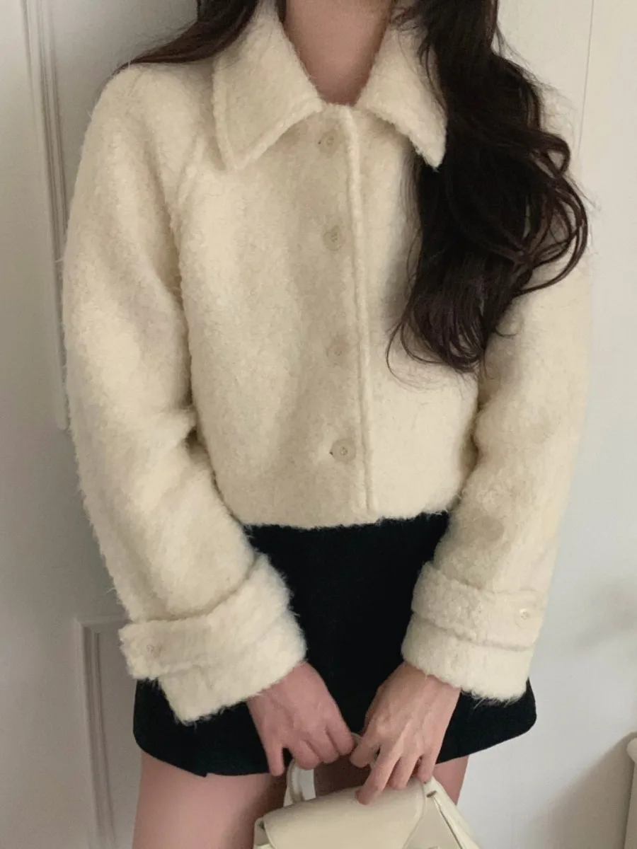 

Women's Korean Style Wool&blend Cotton Padded Thick Warm Jacket Lady Winter Single Breasted Turn Down Collar Short Outwear