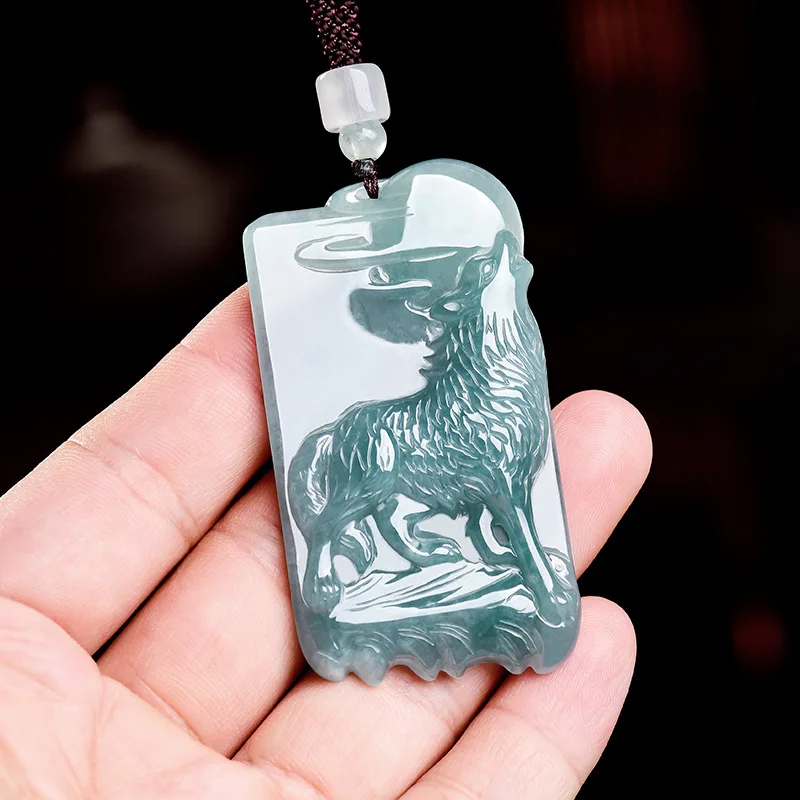 Natural Myanmar Jadeite Wolf Pendant Necklace Fashion Real Jade Carved Amulet Charm Jewelry Talismans Gemstone Gifts for Women