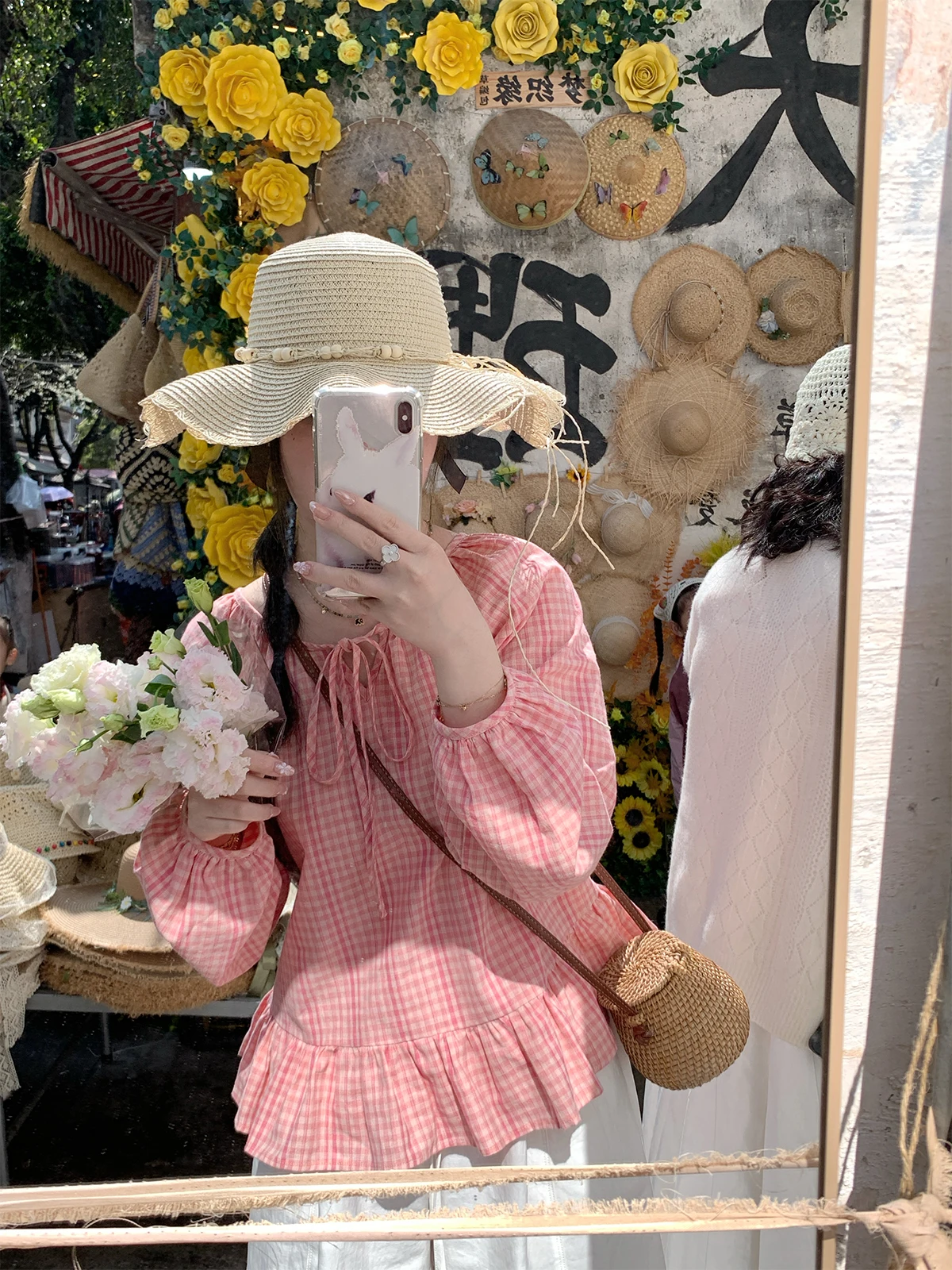 

Женская блузка из льна и хлопка с круглым вырезом и оборками, новая коллекция Весна-Лето 2026, розовая, в клетку «гингем»