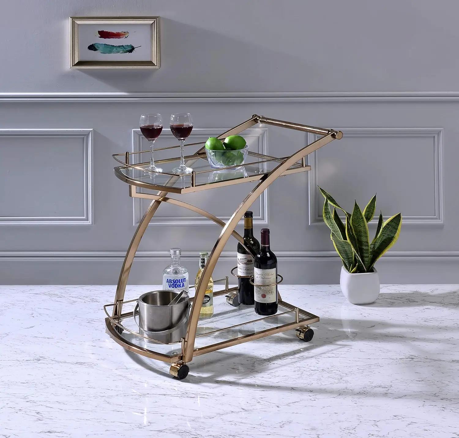 

- Elegant Gold Metal Rolling Kitchen Serving Cart with 2 Glass Shelves and Wine Holders Accesorio cocina fregadero Sink stopper