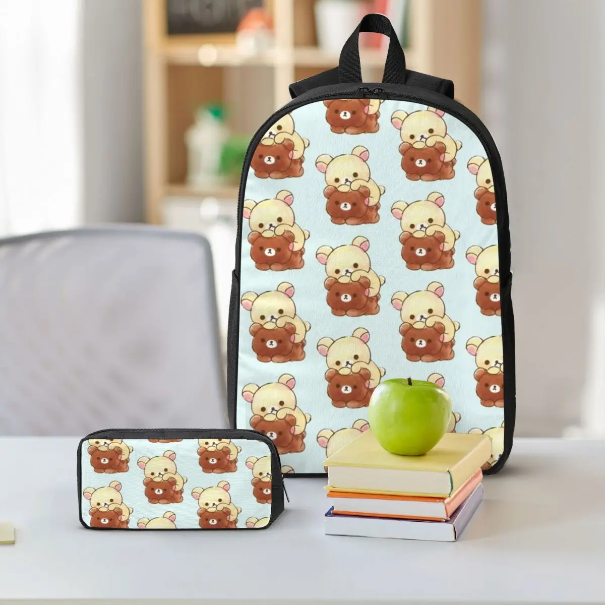 Rilakkuma SAKURA กระเป๋าเป้สะพายหลังนักเรียนชายหญิง BookBag โรงเรียนกระเป๋าแล็ปท็อปไหล่กระเป๋า 3 PS ถุงอาหารกลางวันฉนวนดินสอกรณี