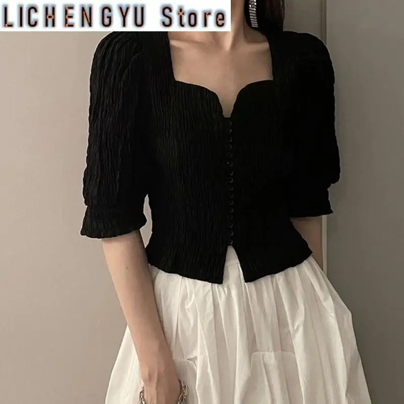 

New Vintage Folds Black T Shirt Women Elegant Square Collar Crop Tees Fashion Office Lady Puff Sleeve Slim Casual Tees Tops