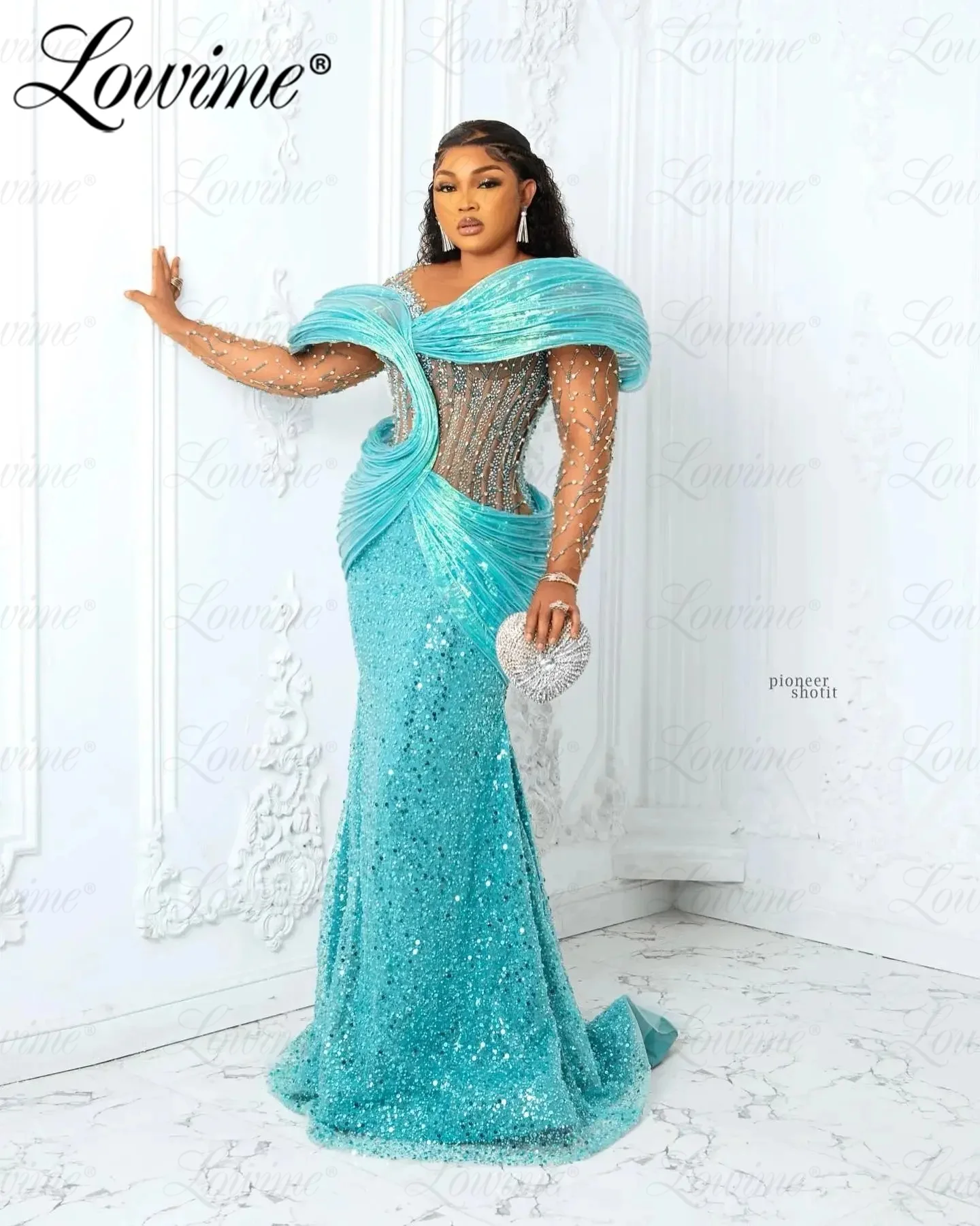 Aso Ebi Beaded Mermaid Prom Dresses African Women Aqua Blue Evening Gowns Luxury Long Sleeve Wedding Reception Prom Party Dress