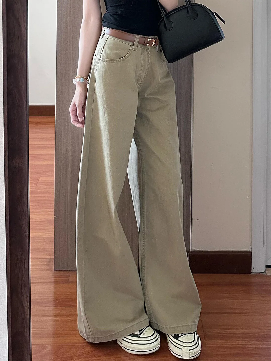 

Летние джинсы цвета хаки 2026 года, женские, свободные, прямые, с эффектом похудения, с высокой талией, широкие штанины, в американском стиле