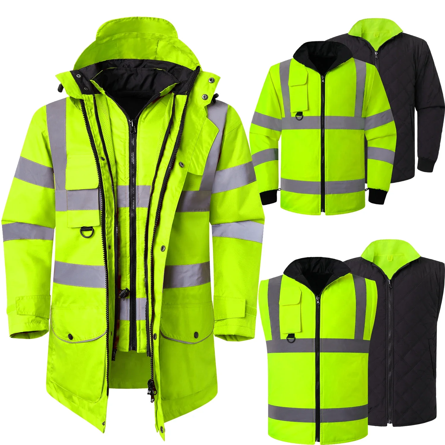 Hi Vis Safety Jackets 5 in 1 Waterproof Parka Windbreaker Workwear Winter Rain Coat with Detachable Linner Keep Warm Jackets