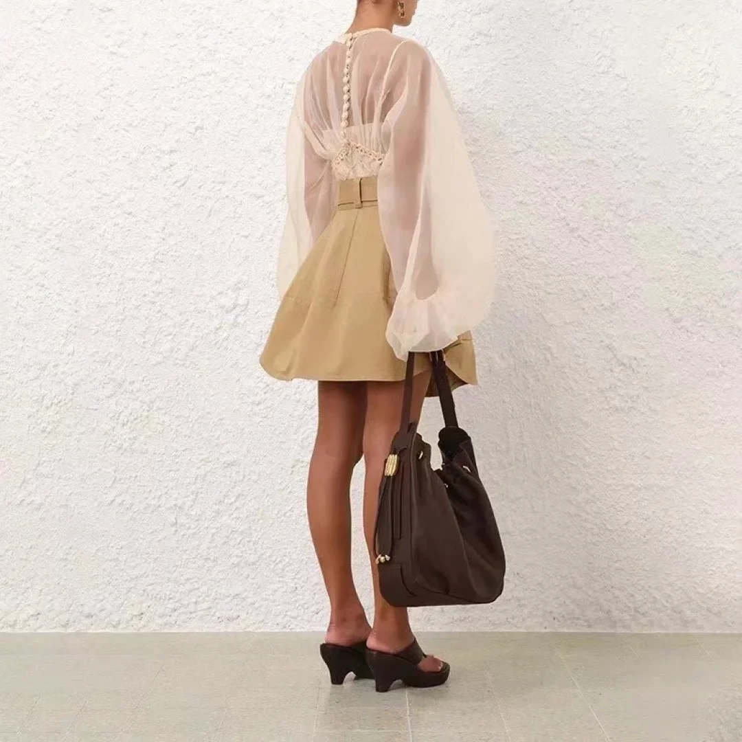 

2025 High Quality Cotton New Removable Belt Khaki Gothic Streetwear Skirt for Women