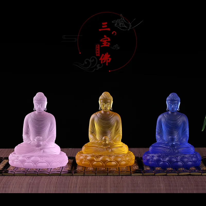 

13.5cm Coloured glaze Three Treasures Buddha Three Buddhas Amitabha Shakyamuni Buddha Medicine Buddha Temple worship ornaments