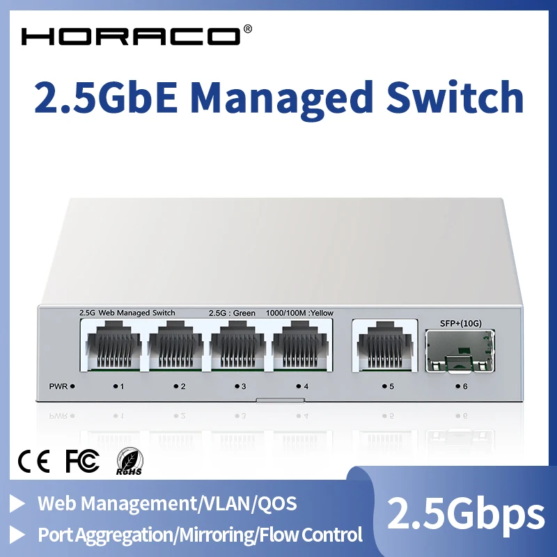 2.5GbE Managed Switch 5 Port 2500Mbps Network 10G SFP+ Slot Uplink Web Managed Link Aggregation Hub Internet Splitter
