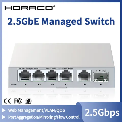 2.5GbE Managed Switch 5 Port 2500Mbps Network 10G SFP+ Slot Uplink Web Managed Link Aggregation Hub Internet Splitter