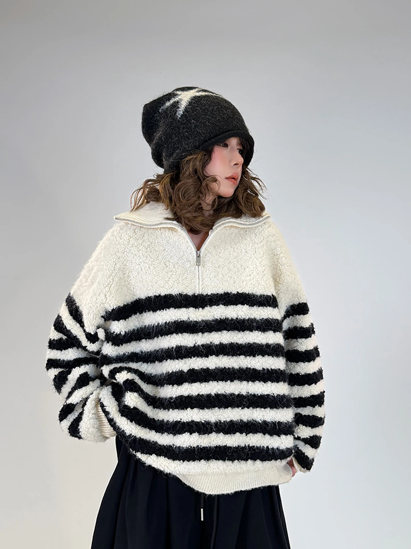 

Meysikim High Collar Wool Sweater Women's Elastic Striped Winter Outerwear Inner Match Loose Fit Long Sve Regular Length