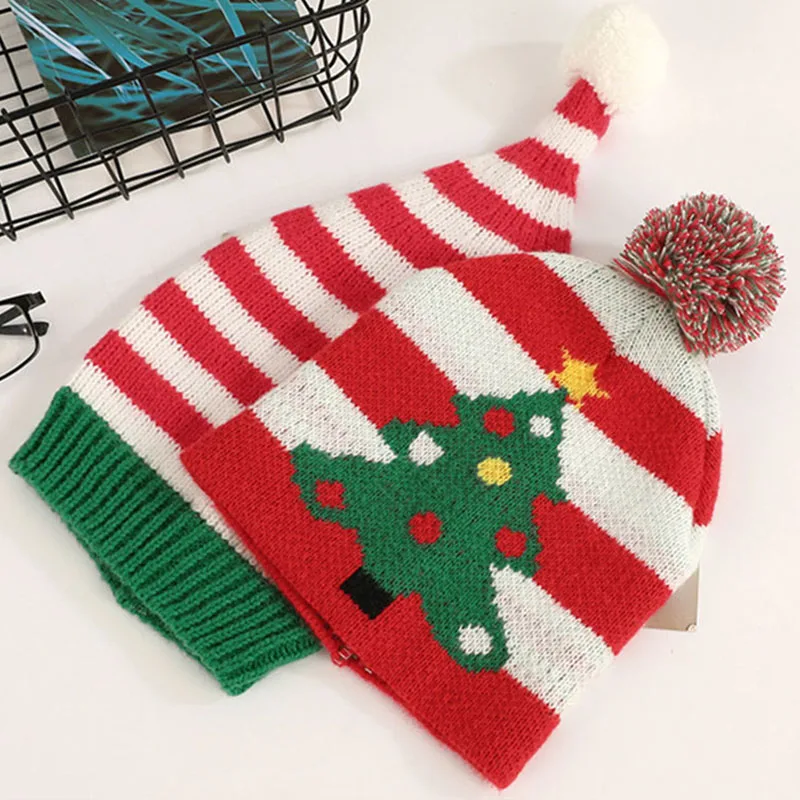 Christmas Mummy Baby Hat Bonnet Red White stripes Green Tree Knitted Hats with Pom Pom Xmas New Year Party Gifts Decorations