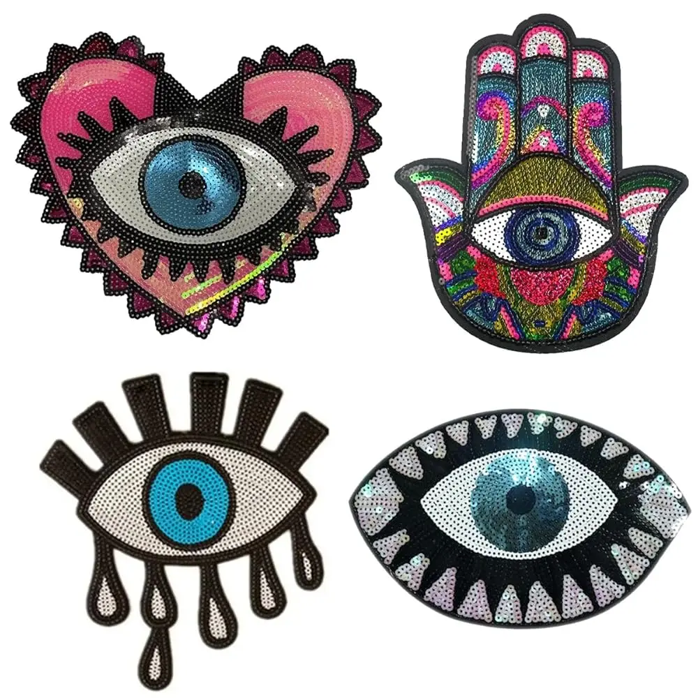 

4Pcs Evil Eye Sequin Patches Iron on Patches for Clothing Colorful Large Applique Embroidery Patch for DIY Sewing Jeans Hand