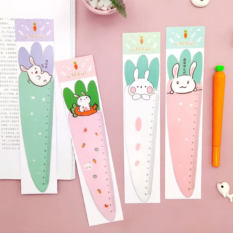 2 Pcs Cute Carrot Bunny Kawaii Stationery Cartoon Drawing Gift Korean Office School Kitten Straight Plastic Ruler