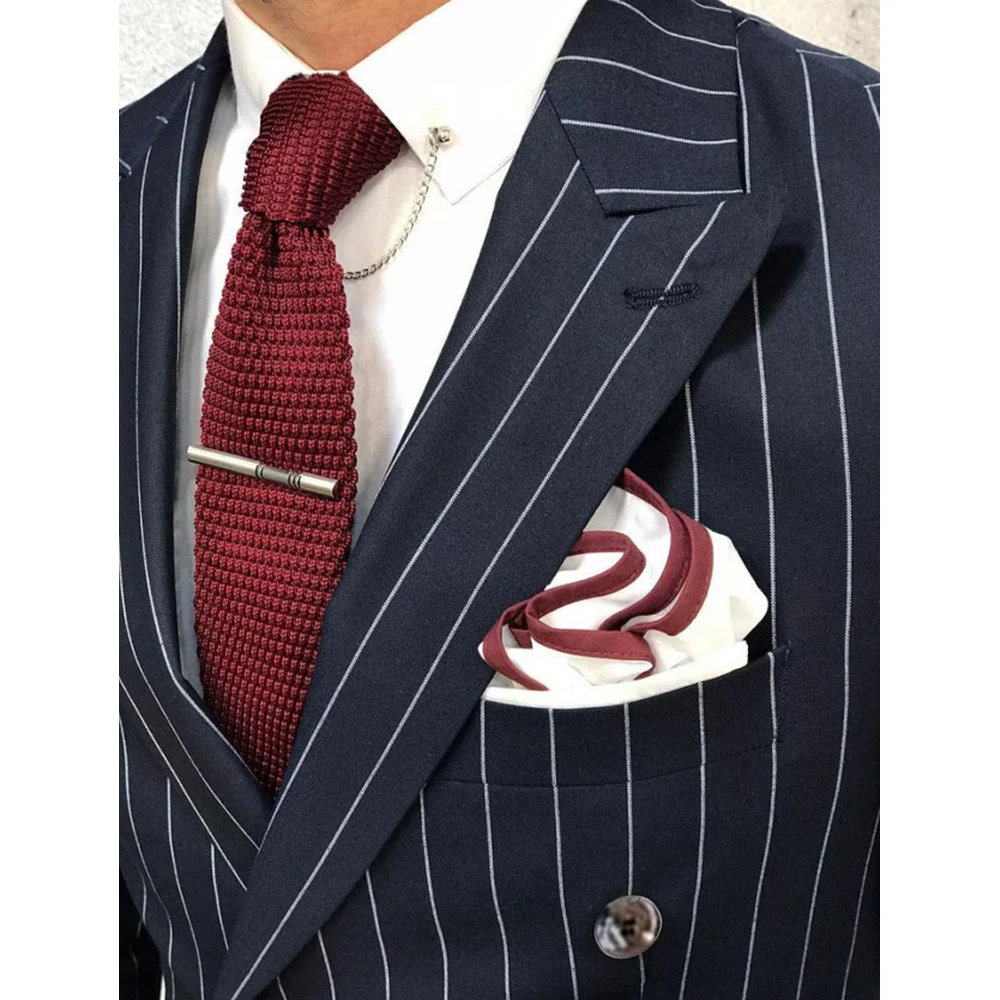 Navy Blue Men Suits Stripe Formal Blazer Double Breasted Peak Lapel Flat Front Elegant 2 Piece Jacket Pants Costume Homme Terno