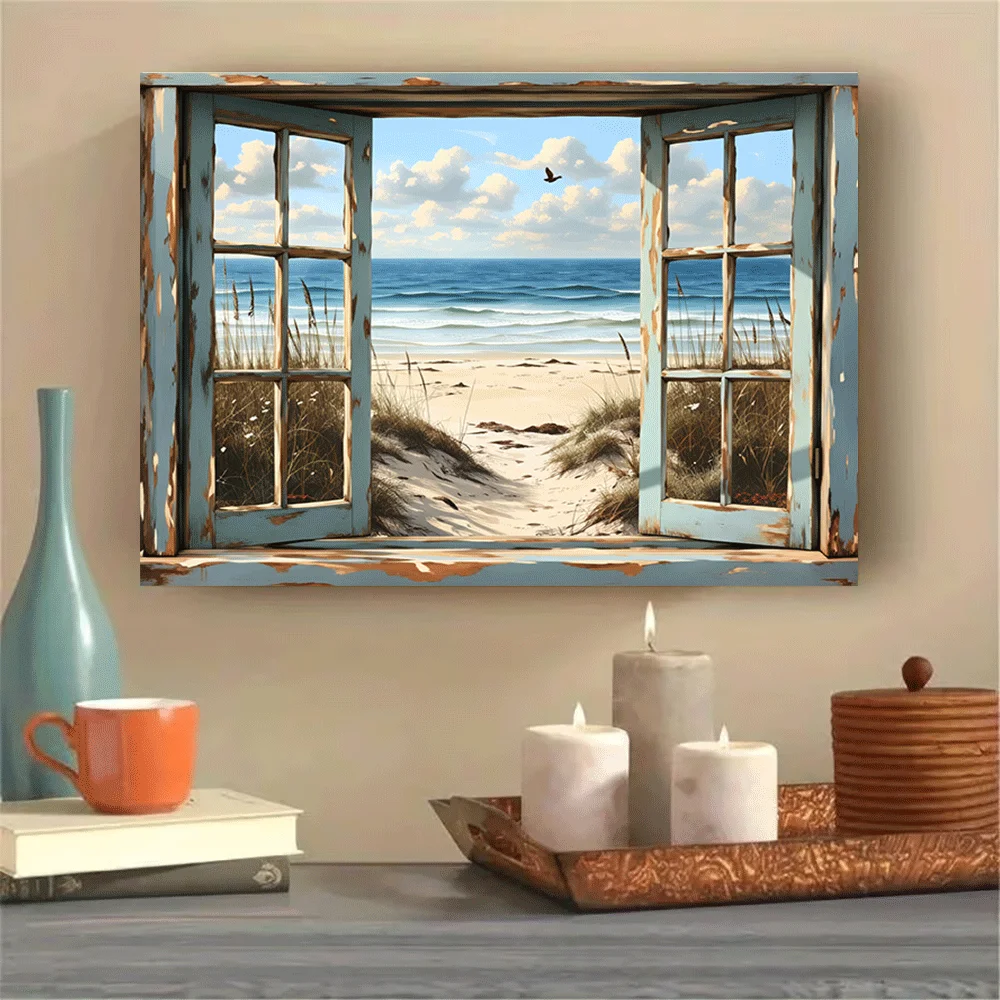 1PC-Canvas poster Unframed  Ocean View Through Rustic Window Beach Scene Canvas Art  summer