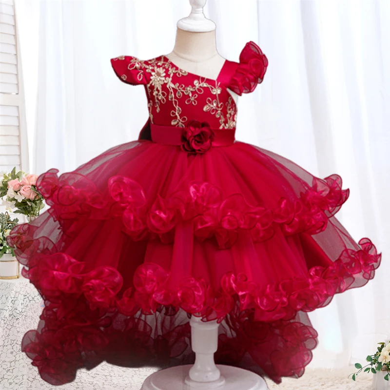 Elegant girl chiffon Christmas party dress embroidered one shoulder cake puffy dress 2024 new girl trailing wedding dress