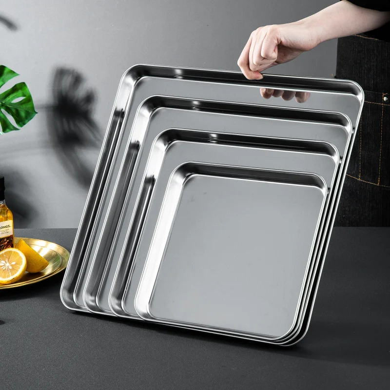 304 Flat Bottom Stainless Steel Square Tray Baking Pan Multifunctional Dessert Straight Edge Baking Tray Kitchen Storage Tools