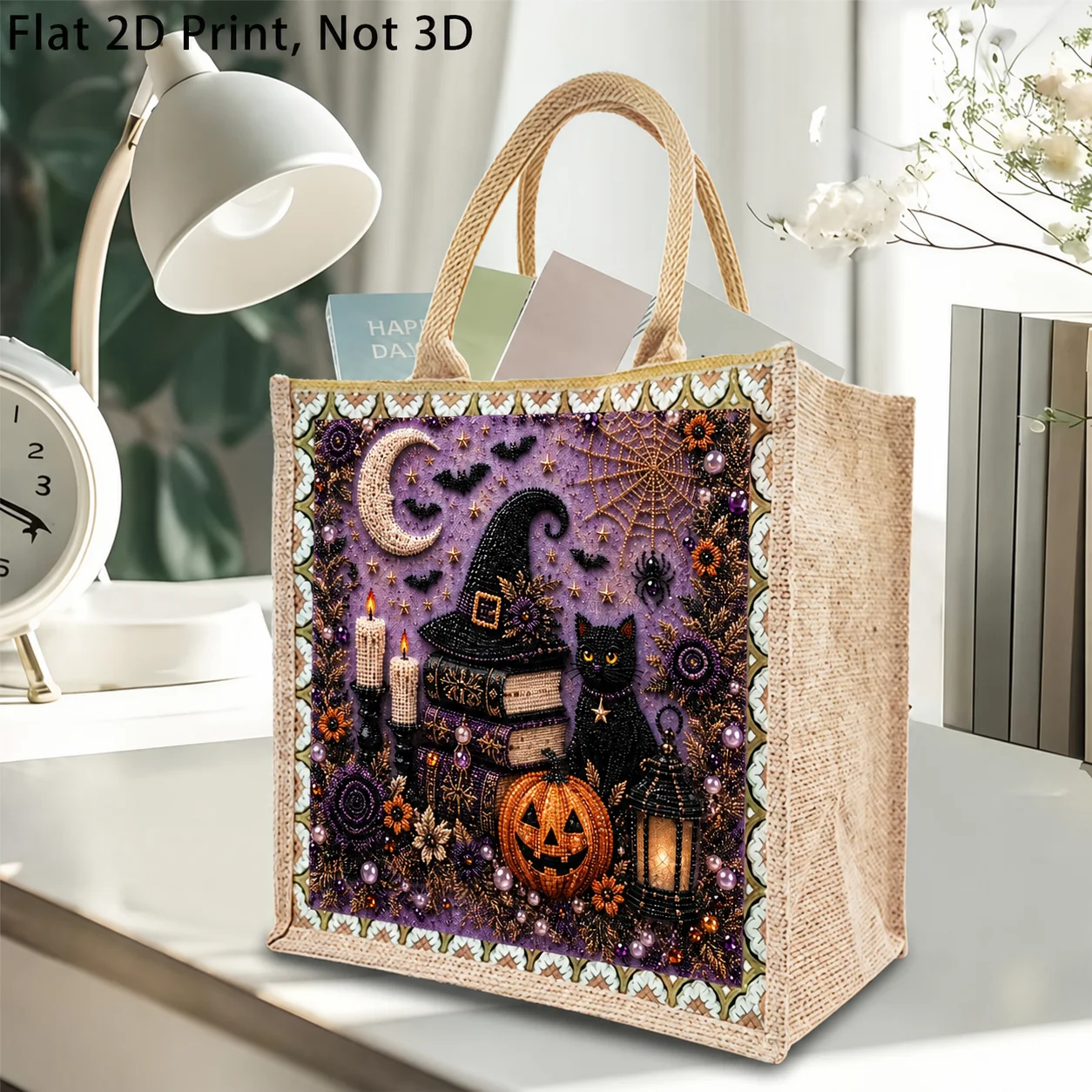 DIY 5D Special Shaped Diamond Painting Tote Bag Halloween Jute Tote Shopping Bag Rhinestone Pearl Handbag Trick or Treat Gift